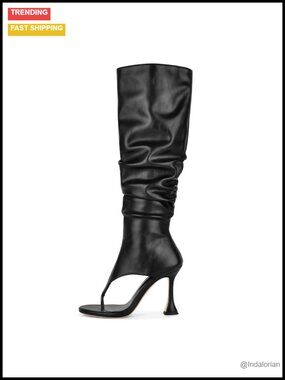 Sexy Open Toe Knee High Faux Leather Stiletto Heel Boots Slouchy Ruched Wide